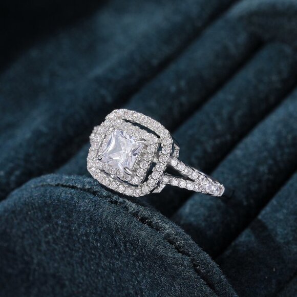😍PRINCESS CUT 14K WHITE GOLD PURE CZ SQUARE BEAUTIFUL LUXURY WEDDING RING, K904 main image 4